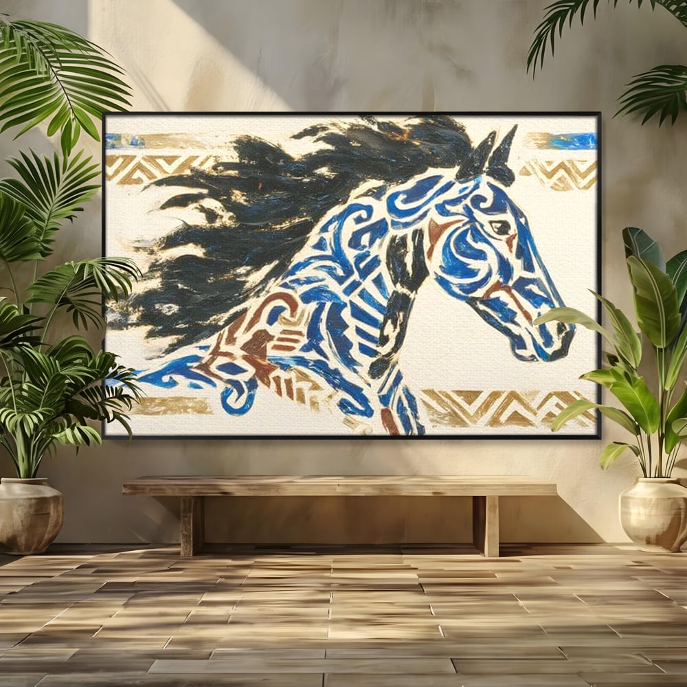 Tablou canvas cu tablou canvas cu un cal in galop, in rama de aluminiu negru